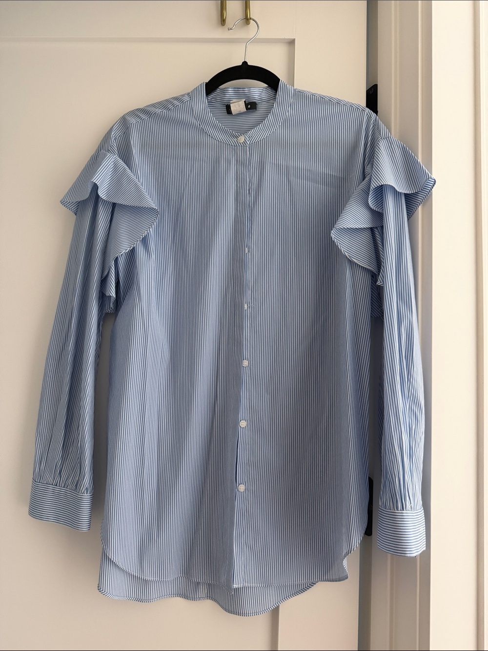 Trouvé Blue and White Pinstripe Ruffle-Sleeve Button-Down Shirt